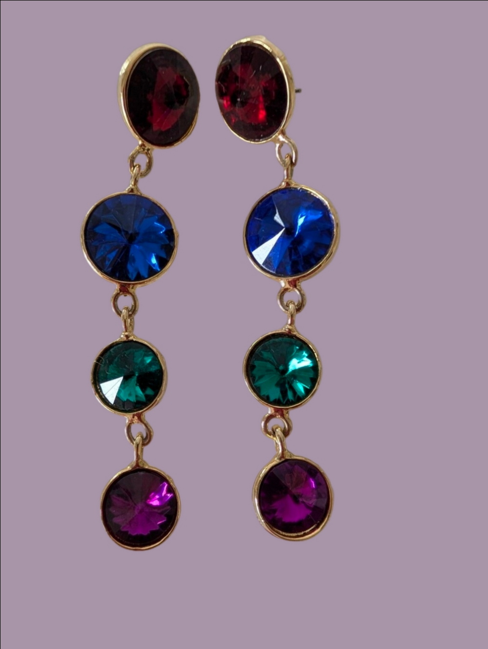 Vintage Earrings Drop Crystal Jewel Tone 1990s Pierced Post Shoulder Duster